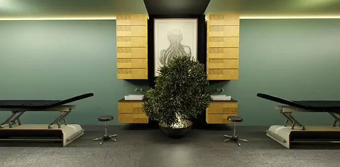 Salle de massage cabinet kinésithérapie : Ambiance zen et décoration soignée avec mobilier en bois et murs verts