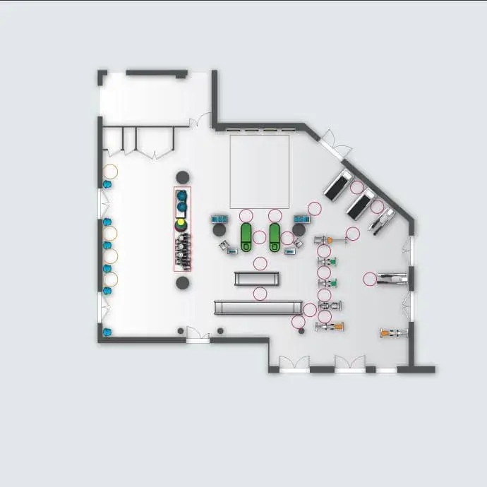 Plan 2D détaillé cabinet kiné : agencement précis du mobilier et équipement