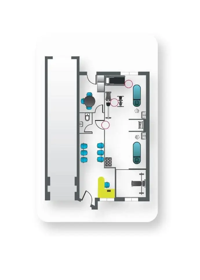 Plan d'aménagement 2D coloré de cabinet de kinésithérapie : Zones fonctionnelles identifiées par un code couleur