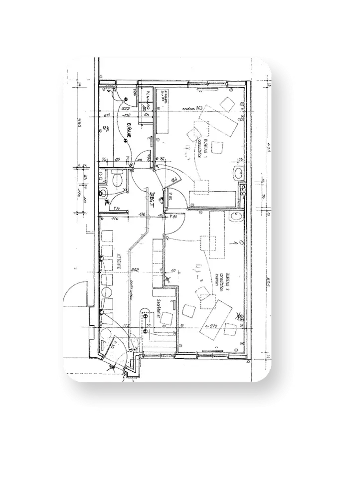 Plan technique 2D cabinet kiné : schéma en noir et blanc